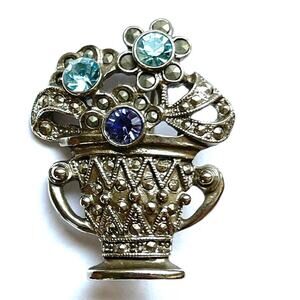 VINTAGE Brooch Flower Vase Blue Rhinestone Marcasite Vtg Jewelry Pin AU06